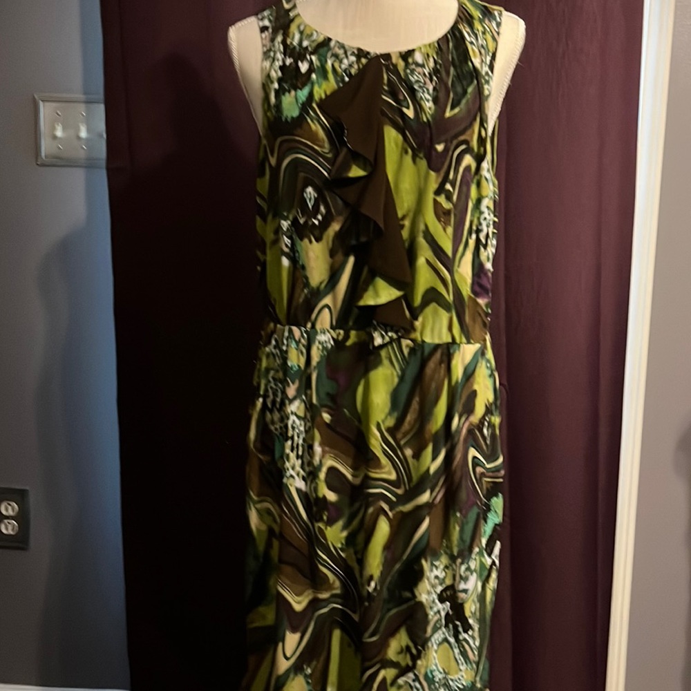 Sleeveless dress, green and brown, size 14